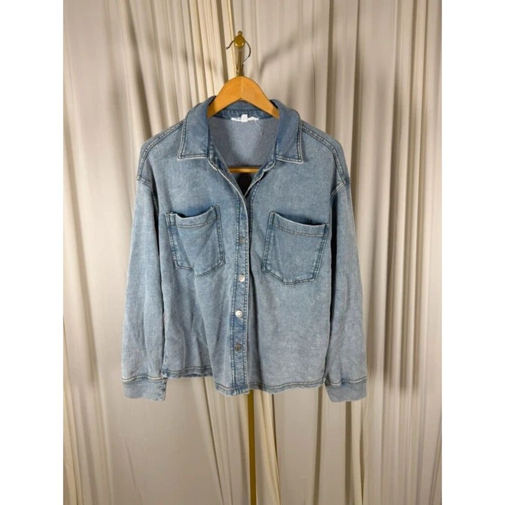 Jane + Delancey Acid Wash Knit Denim Look Button Down Shacket Jacket Medium VGUC